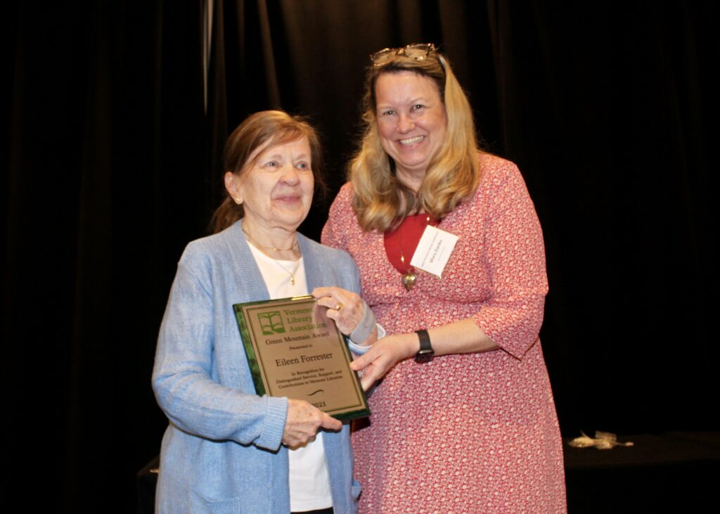 Eileen Forrester received the Green Mountain Award for her years of volunteer service at South Burlington Public Library.