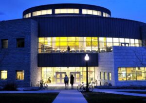 Image of Davis Library, Middlebury College, at night