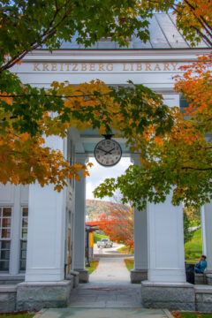 Image of Kreitzberg Library lettering with outdoor columns and a clock