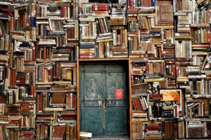 wall of books with door inside it.