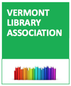 vermont library association logo with rainbow colored books